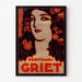 Plakat reklamowy w stylu vintage Perfumes Griet, pokazany w cienkiej ramie na jasnej ścianie.