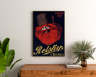 Reklamowy plakat vintage Relskyr - 1° Kumel, oprawiony nad komodą z drewna, między roślinami.