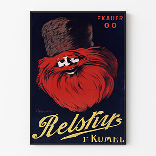 Wintage plakat reklamowy Relskyr - 1° Kumel, w wąskiej ramie na jasnej ścianie.