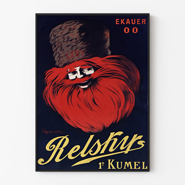Wintage plakat reklamowy Relskyr - 1° Kumel, w wąskiej ramie na jasnej ścianie.