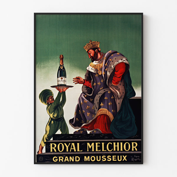 Wintage plakat reklamowy Royal Melchior, grand mousseux, w wąskiej ramie na jasnej ścianie.
