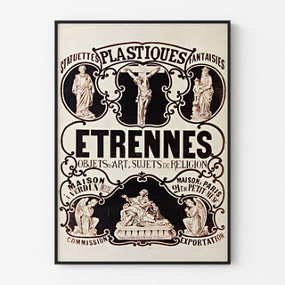 Plakat reklamowy vintage Verdun, figurki i prezenty, w cienkiej ramie na jasnej ścianie.