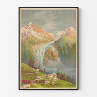 Stary plakat szkolny – Mer de Glace – Hugo d’Alési, w cienkiej ramie na jasnej ścianie.