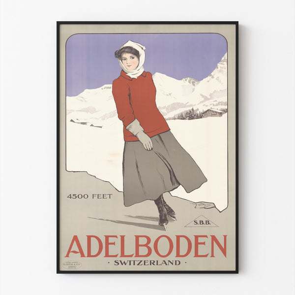 Szwajcarski plakat vintage – Adelboden – Carlo Pellegrini, 1905, w cienkiej ramie na jasnej ścianie.