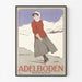 Szwajcarski plakat vintage – Adelboden – Carlo Pellegrini, 1905, w cienkiej ramie na jasnej ścianie.
