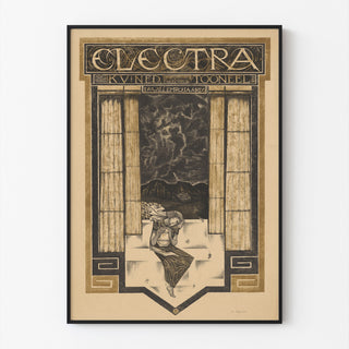Plakat teatralny vintage – Elektra – Richard Roland Holst, w cienkiej ramie na jasnej ścianie.