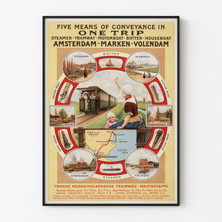 Wintage turystyczny plakat – Amsterdam, Marken i Volendam, w cienkiej ramie na jasnej ścianie.
