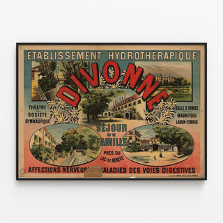 Plakat turystyczny vintage – Divonne — Rodzinny pobyt nad Jeziorem Genewskim, zaprezentowany w cienkiej ramie na jasnej ścianie.