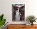 Vintage plakat turystyczny – Gimel, la Grande Cascade, oprawiony nad drewnianą komodą, między roślinami.