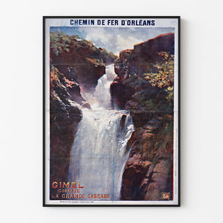Vintage plakat turystyczny – Gimel, la Grande Cascade, w cienkiej ramie na jasnej ścianie.