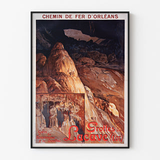Wintage plakat turystyczny – Grottes de Lacave, Rocamadour, w cienkiej ramie na jasnej ścianie.