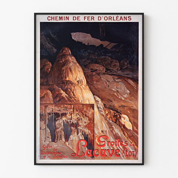 Wintage plakat turystyczny – Grottes de Lacave, Rocamadour, w cienkiej ramie na jasnej ścianie.