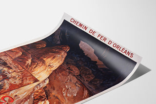 Wintage plakat turystyczny – Grottes de Lacave, Rocamadour, na zakrzywionej kartce, widok w perspektywie.