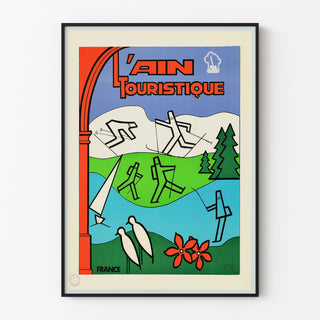 Turystyczny plakat vintage – L’Ain touristique, w cienkiej ramie na jasnej ścianie.