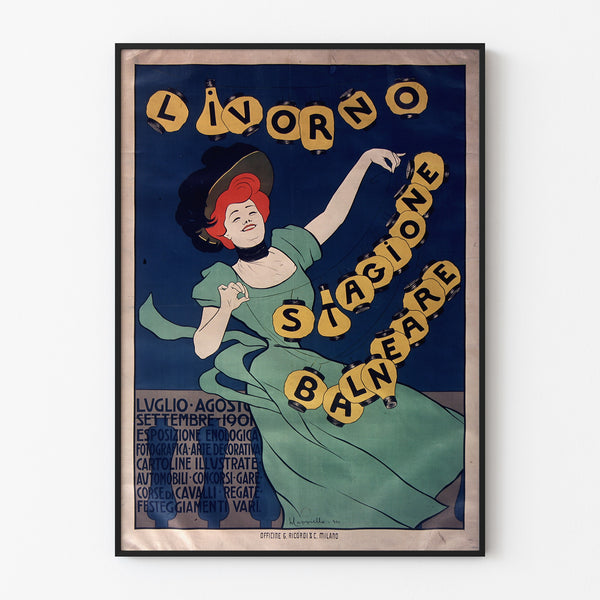 Plakat turystyczny vintage – Livorno, sezon nadmorski, oprawiony w cienką ramę na jasnej ścianie.