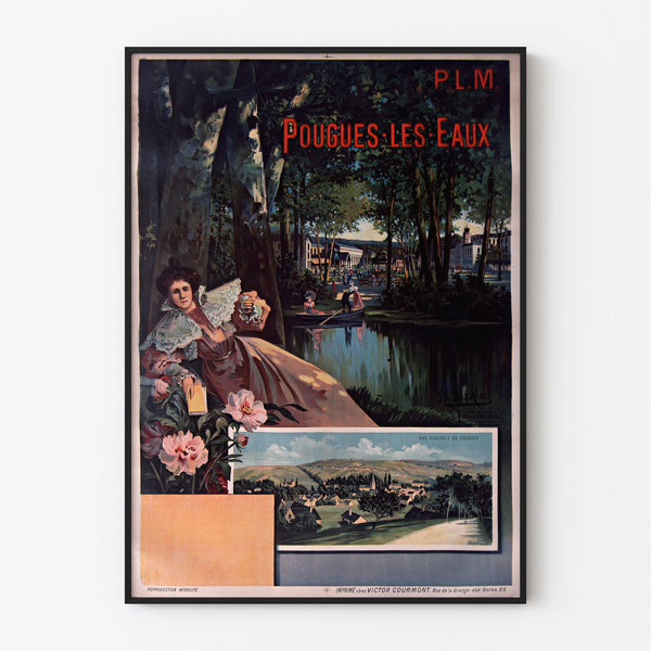 Plakat turystyczny vintage – Pougues-les-Eaux, PLM, w cienkiej ramie na jasnej ścianie.
