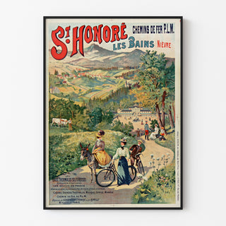 Plakat turystyczny vintage – Saint-Honoré-les-Bains, wody termalne, w cienkiej ramie na jasnej ścianie.