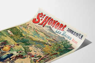 Plakat turystyczny vintage – Saint-Honoré-les-Bains, wody termalne, na lekko zaokrąglonym arkuszu, widok z perspektywy.