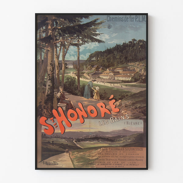 Plakat turystyczny vintage – Saint-Honoré-les-Bains, PLM, w cienkiej ramie na jasnej ścianie.