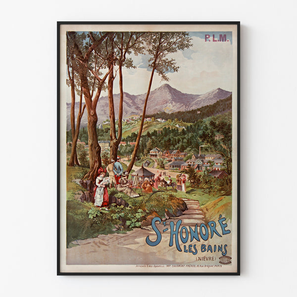 Plakat turystyczny vintage – Saint-Honoré-les-Bains, Tanconville, w cienkiej ramie na jasnej ścianie.