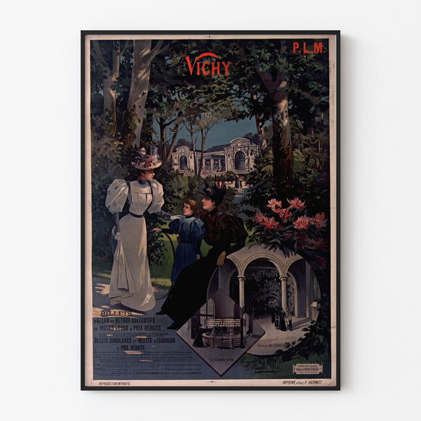 Turystyczny plakat vintage – Vichy, PLM, w cienkiej ramie na jasnej ścianie.