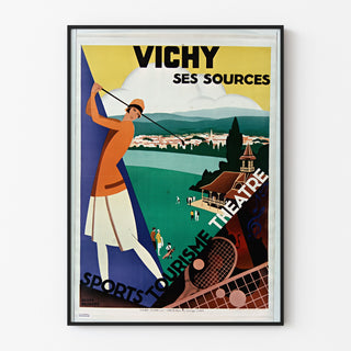 Plakat turystyczny w stylu vintage – Vichy, źródła i turystyka, pokazany w cienkiej ramie na jasnej ścianie.