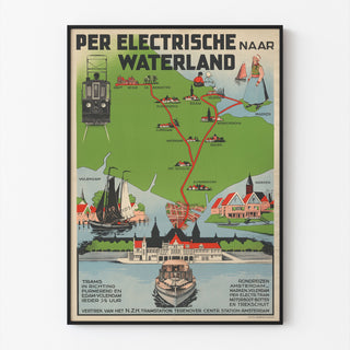 Plakat turystyczny vintage – Waterland, tramwaj elektryczny, w cienkiej ramie na jasnej ścianie.