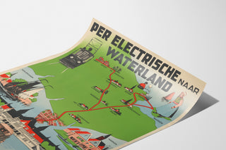 Plakat turystyczny vintage – Waterland, tramwaj elektryczny, pokazany na lekko zwiniętej kartce, widok w perspektywie.