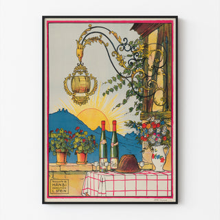 Wintage plakat winiarski – Au bon vin d’Alsace – Hansi, w cienkiej ramie na jasnej ścianie.