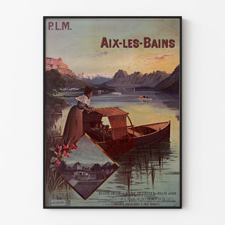Wintage plakat Aix-les-Bains, billets collectifs PLM, w cienkiej ramie na jasnej ścianie.