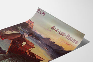Wintage plakat Aix-les-Bains, billets collectifs PLM, na lekko zagiętej kartce, widok perspektywiczny.