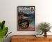 Wintage plakat Aix-les-Bains, fête de nuit, w ramie nad drewnianą komodą, między roślinami.