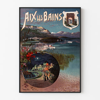 Wintage plakat Aix-les-Bains, fête de nuit, w cienkiej ramie na jasnej ścianie.
