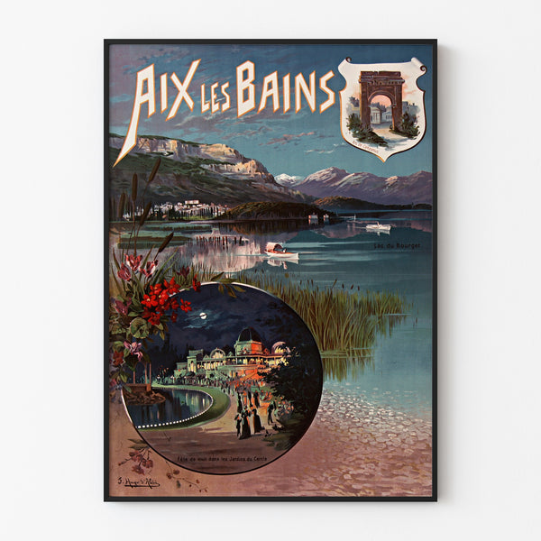 Wintage plakat Aix-les-Bains, fête de nuit, w cienkiej ramie na jasnej ścianie.