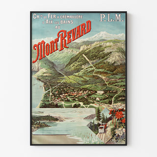 Wintage plakat Aix-les-Bains, Mont-Revard, crémaillère, w cienkiej ramie na jasnej ścianie.