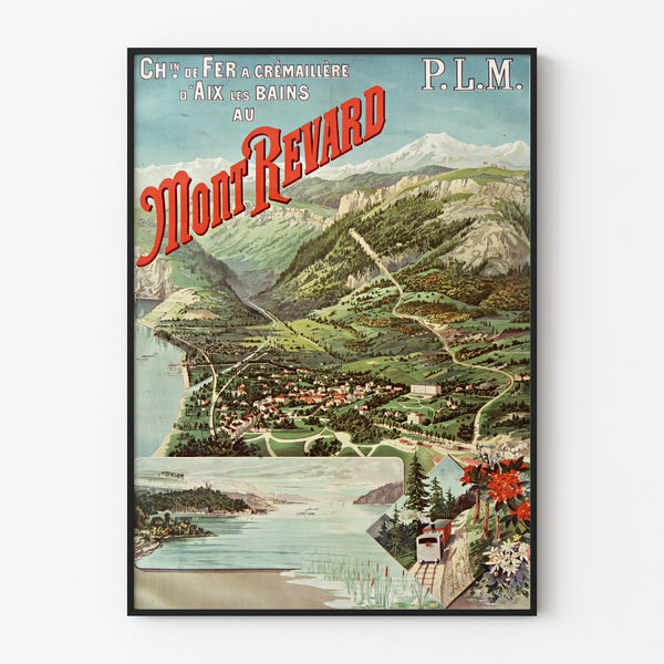 Wintage plakat Aix-les-Bains, Mont-Revard, crémaillère, w cienkiej ramie na jasnej ścianie.