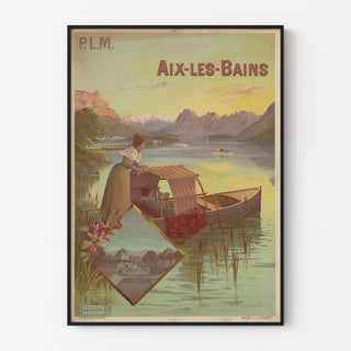 Wintage plakat Aix-les-Bains, PLM, w cienkiej ramie na jasnej ścianie.