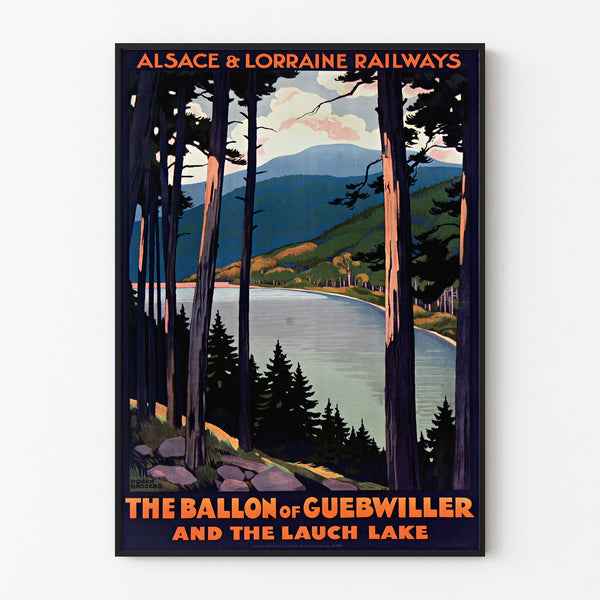 Plakat vintage Alsace-Lorraine, balon z Guebwiller, w cienkiej ramie na jasnej ścianie.