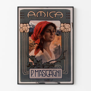 Plakat vintage Amica, opera, oprawiony w cienką ramę na jasnej ścianie.