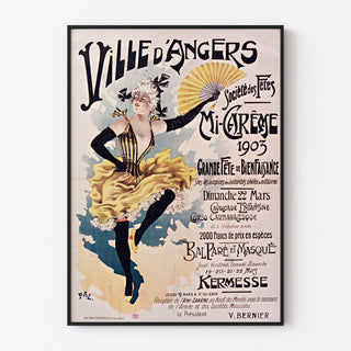 Plakat vintage Angers, mi-carême, w cienkiej ramie na jasnej ścianie.