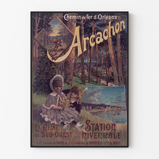 Wintage plakat Arcachon, stacja zimowa, pokazany w cienkiej ramie na jasnej ścianie.