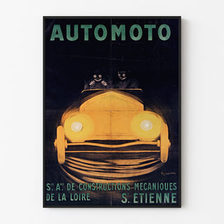 Wintage plakat Automoto, Saint-Étienne, w cienkiej ramie na jasnej ścianie.