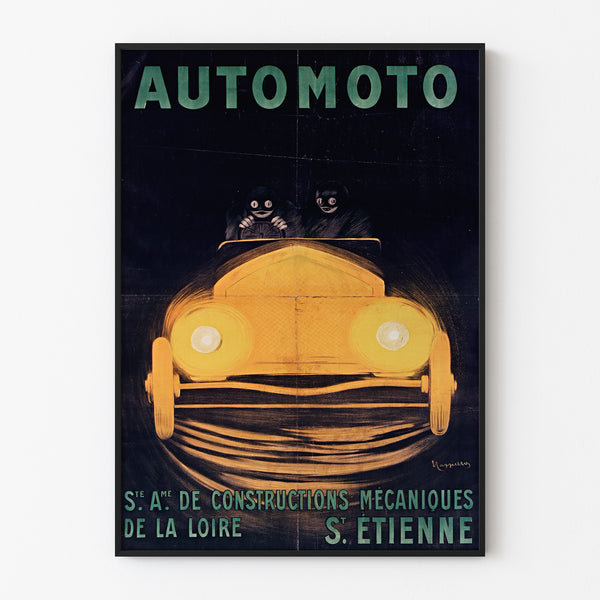 Wintage plakat Automoto, Saint-Étienne, w cienkiej ramie na jasnej ścianie.