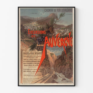 Plakat vintage Auvergne, wycieczki Orléans, w cienkiej ramie na jasnej ścianie.