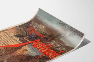 Plakat vintage Auvergne, wycieczki Orléans, pokazany na zagiętej kartce, widok w perspektywie.