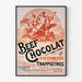 Wintage plakat Beef Chocolat, czekoladziarnia z Drôme, w cienkiej ramie na jasnej ścianie.
