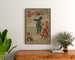 Plakat vintage Boulogne-sur-Mer, 24 express, oprawiony nad drewnianą komodą, między roślinami.