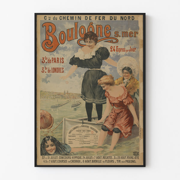 Plakat vintage Boulogne-sur-Mer, 24 express, w cienkiej ramie na jasnej ścianie.