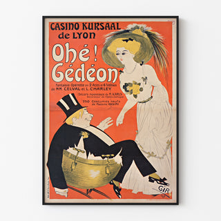 Plakat vintage Casino Kursaal, Ohé Gédéon, w cienkiej ramie na jasnej ścianie.
