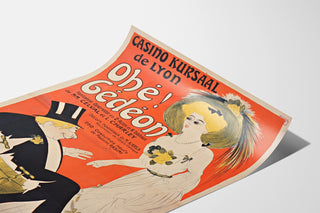 Plakat vintage Casino Kursaal, Ohé Gédéon, wygięty arkusz widoczny w perspektywie.